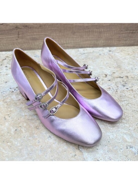 Reformation Shoes - Reformation Mimi Buckle Pumps Block Heel Straps Rhinestone Pink Metallic 9.5